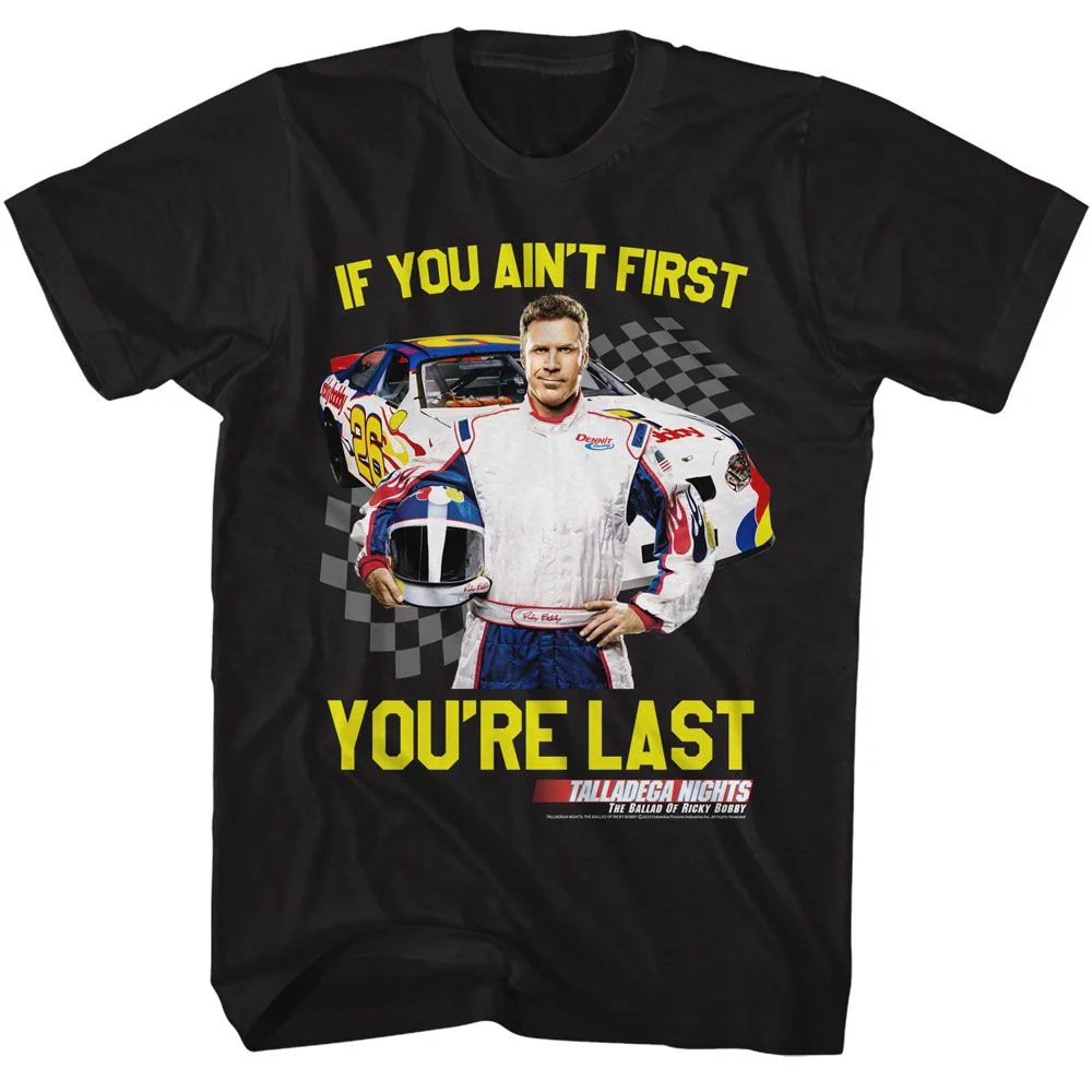 Unisex Adult T-shirt Rockinstone Talladega Nights Movie Not 1st You're Last Checkered Black Sizexl