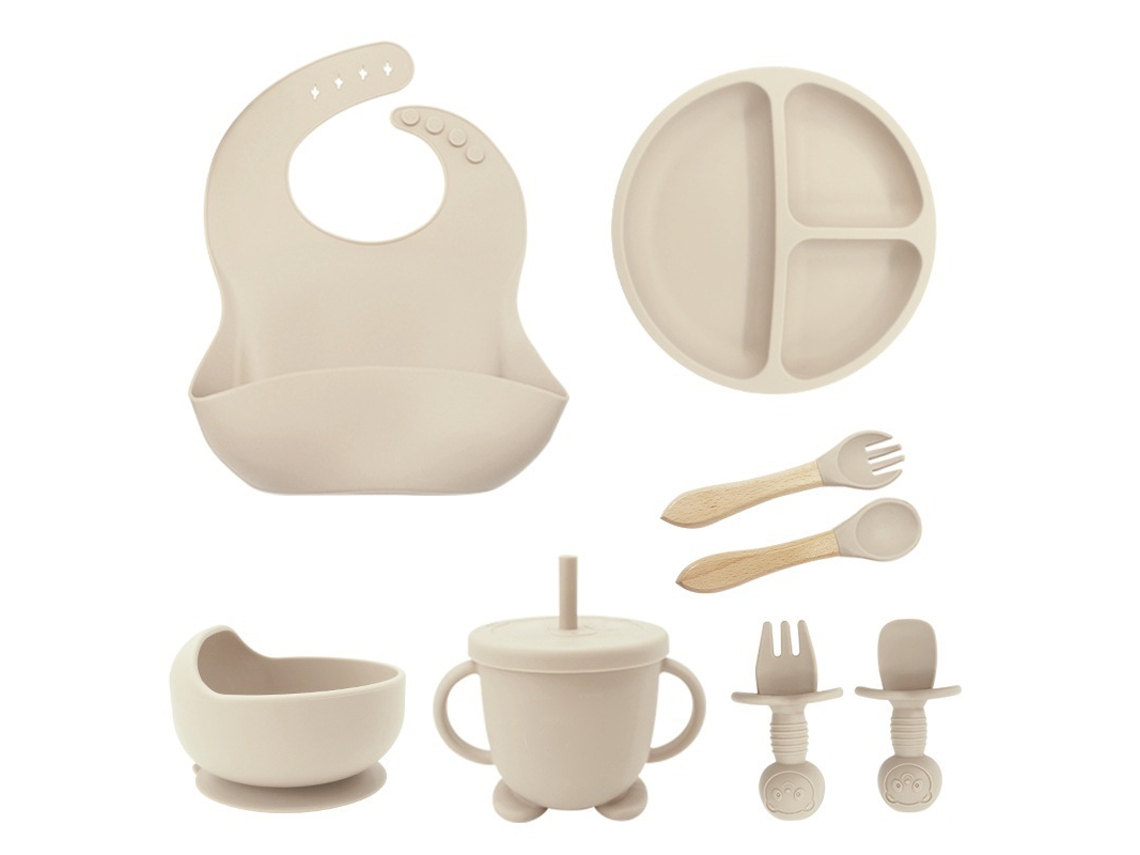 Um Conjunto De 8 Pratos De Silicone Com Compartimento Para Ventosas, Incluindo Tigela, Colher E Garfo De Silicone Para Crianças.