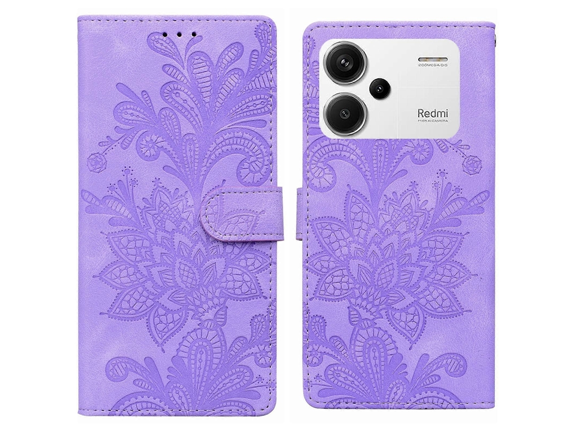 Capa De Celular Em Pu Com Fecho Magnético, Estampa Floral Em Relevo De Renda E Alça De Pulso Para Redmi Note 13 Pro+