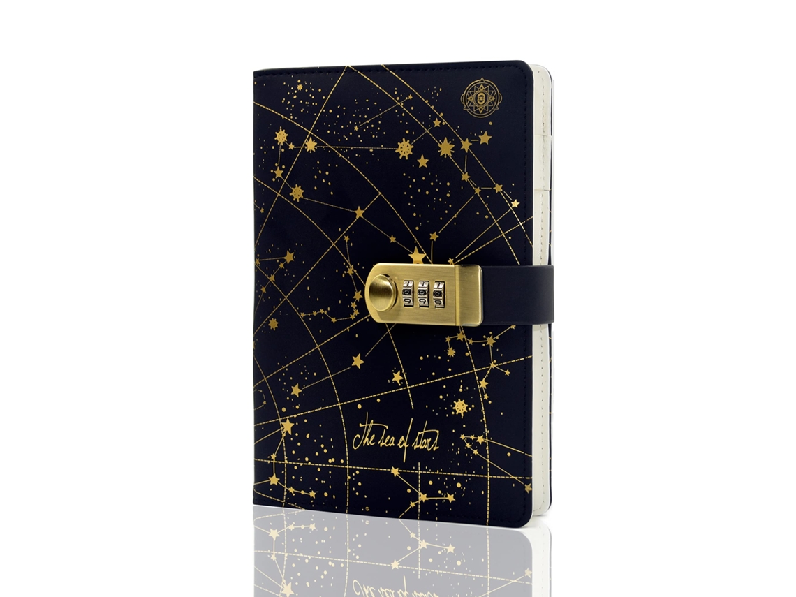 Diário Criativo Em Couro Com Cadeado De Combinação, Estampa De Estrelas, Caderno A5 Com Senha Secreta