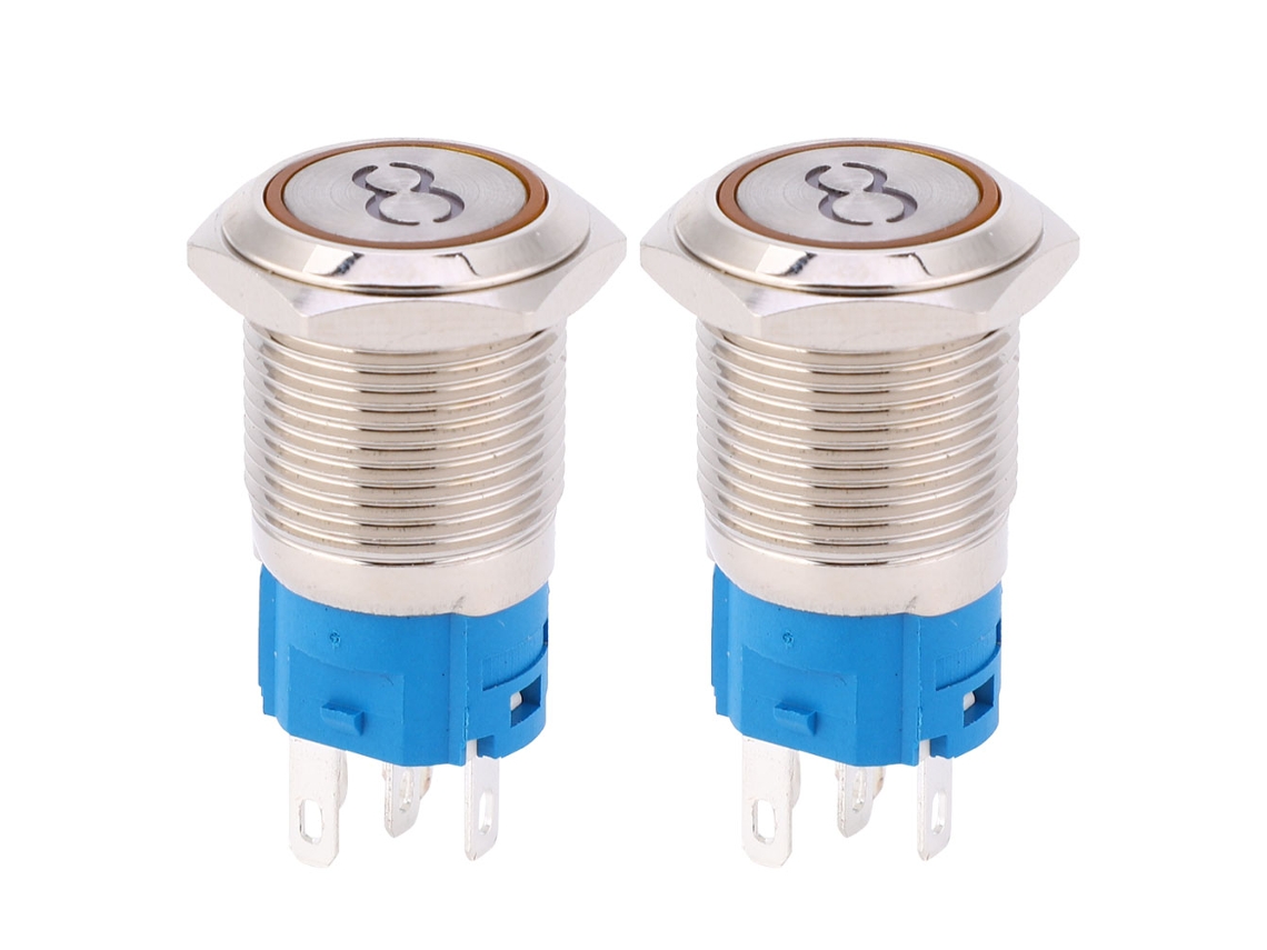 Interruptor De Botão De Cabeça Plana De Aço Inoxidável 16mm 2 Peças Auto-reset 5 Pinos Símbolo '8' Amarelo 12vdc