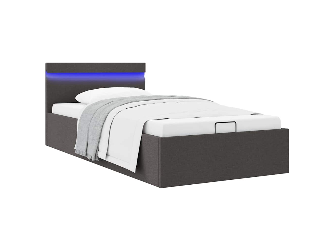 Vidaxl Cama Hidráulica C/ Arrumação Led 100x200cm Tecido Cinza-escuro