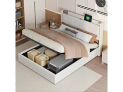 Cama Estofada 140x200 cm com Entrada Usb, Arrumação, Estrado de Ripas e Sistema Hidráulico, Tecido de Linho, Bege