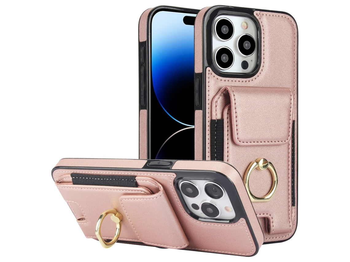 Suporte Casa Ouro Para Iphone 14 Pro Max Pele Sintética Com Porta-cartões Rosa