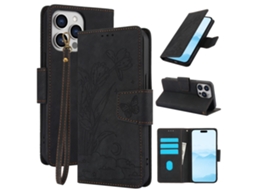 Capa Padrão Flor Borboleta Para Iphone 15 Pro Pele Sintética Multicor