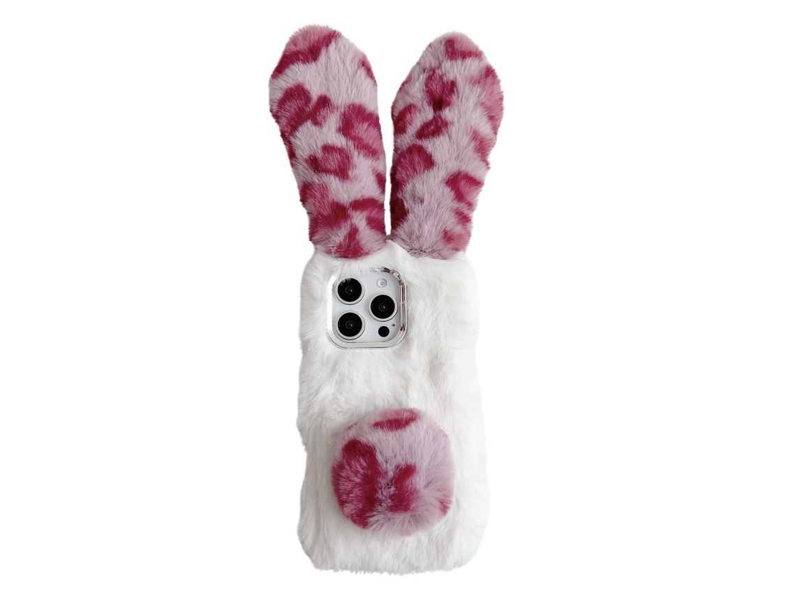 Capa Para Iphone 16 Pro Max Com Estampa De Leopardo Fofa E Coelho De Pelúcia, Rosa