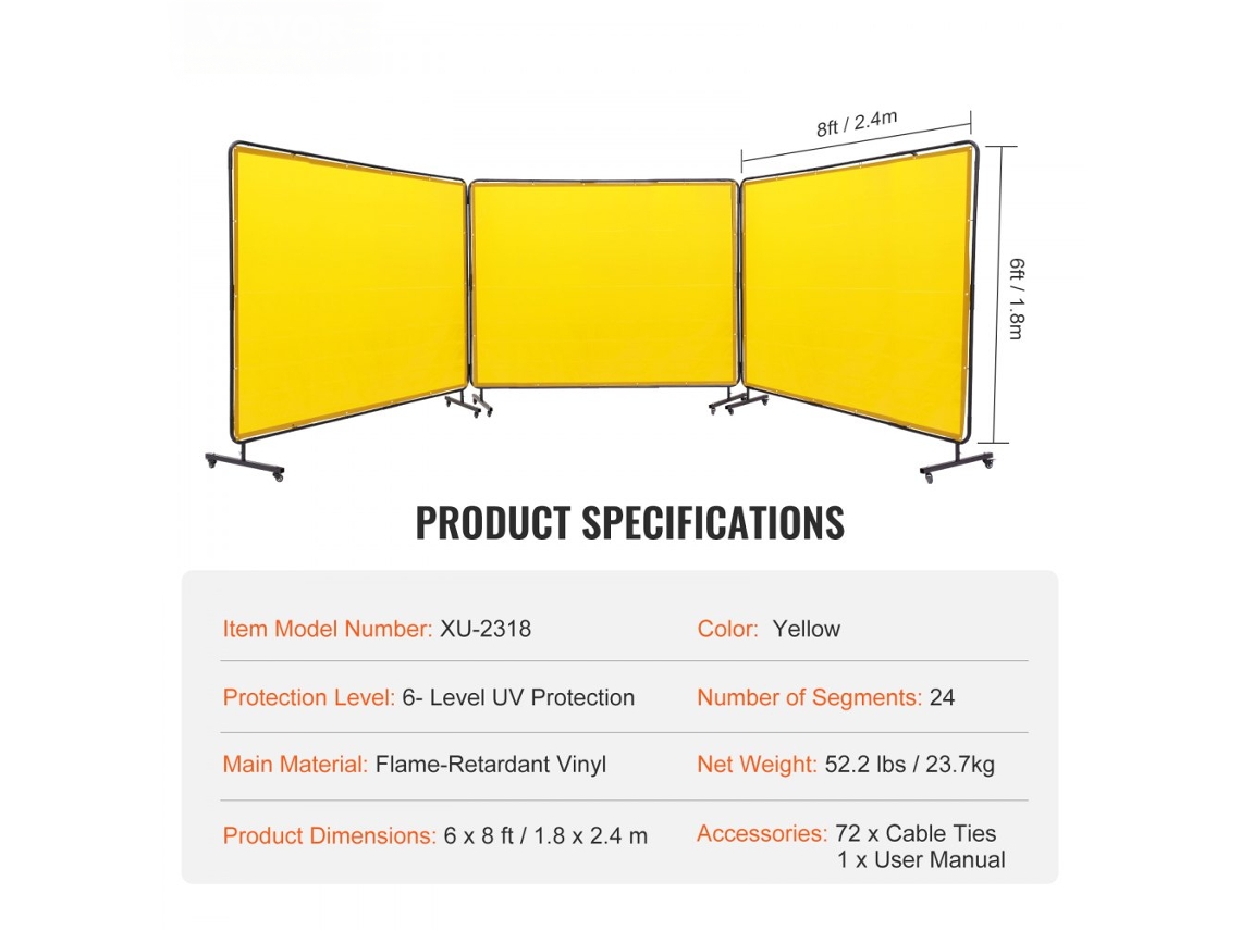 Painel De Proteção E Soldadura 3 Seções 1,8x2,4m Vinil Amarelo Com Rodas Tekmaquinas