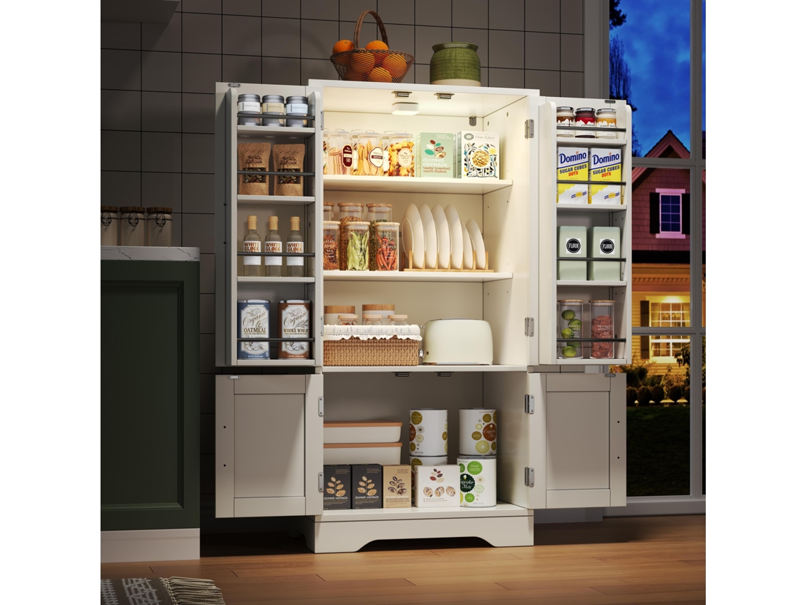 Armário De Cozinha Branco 120x60x40cm Com Led Sensor, Quatro Portas Ampla Capacidade, Prateleiras Moduláveis E Compartimentos Nas Portas