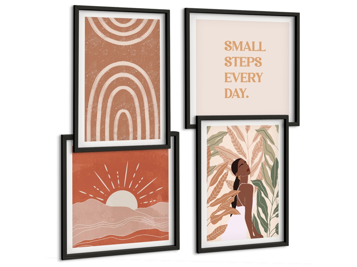 Composição De Quadros Estilo Boho Motivo Vegetal Espelharte (4 Peças)