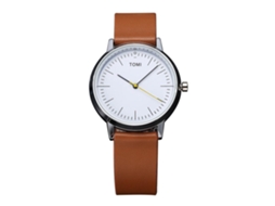Relógio de pulso masculino Tomi Fashion, quartzo, pulseira de PU, mostrador redondo, marrom e preto.