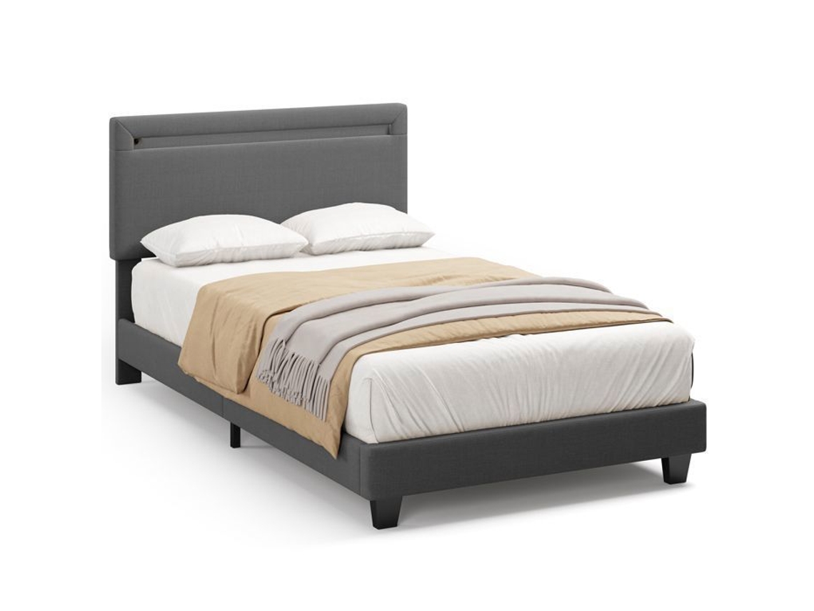 Estrutura de cama reforçada - Cabeceira estofada cinza escuro - LED regulável - 1 peça - 90 x 200 cm