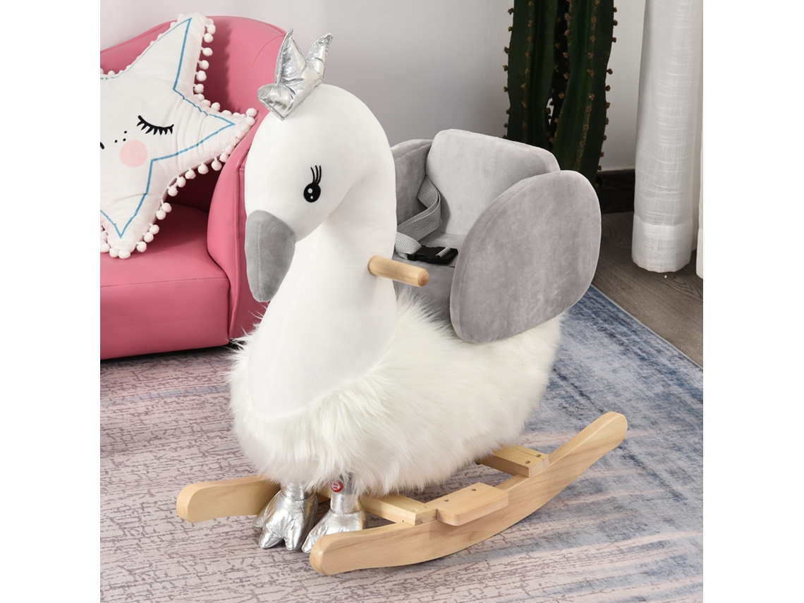 Cavalo Baloiço para Bebés com Forma de Cisnei Sons Apoio P/ os Pés e Cinto Segurança 60x33x59 Cm Branco e Cinza