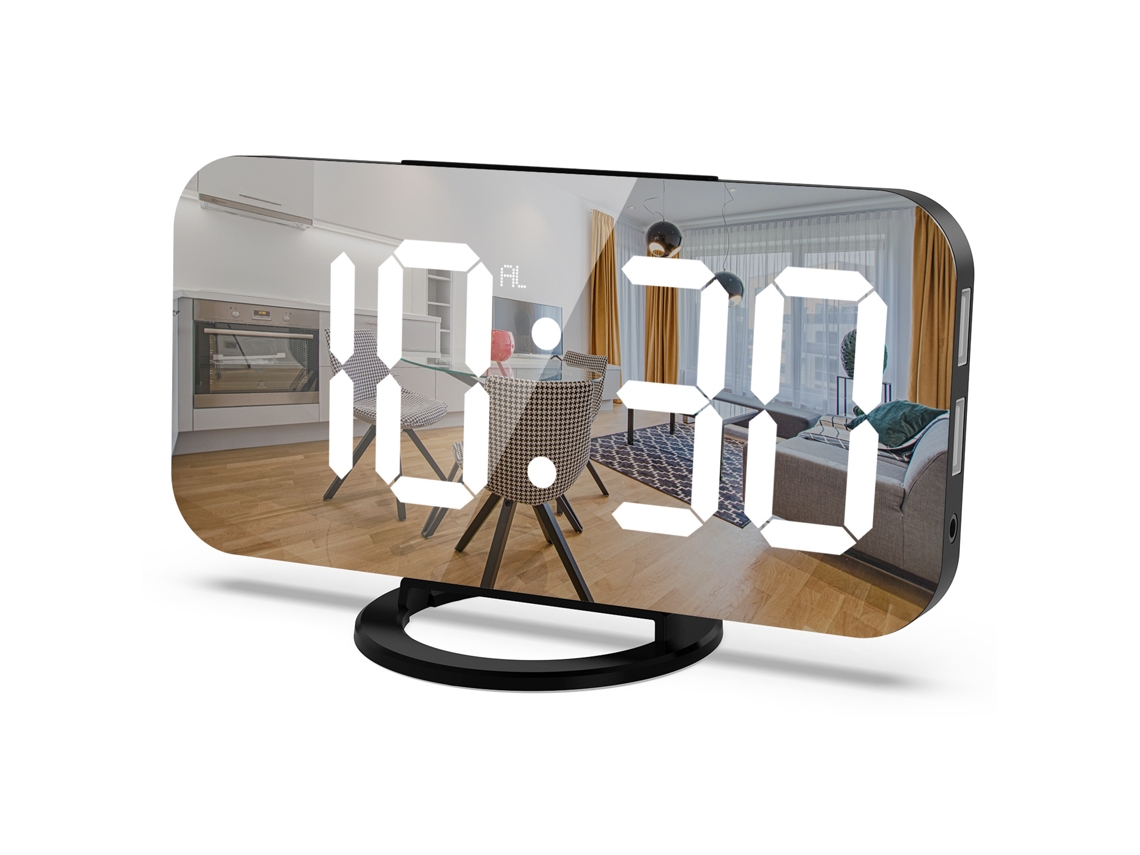 Despertador digital Brilvibera, com amplo visor LED espelhado e carregador USB.