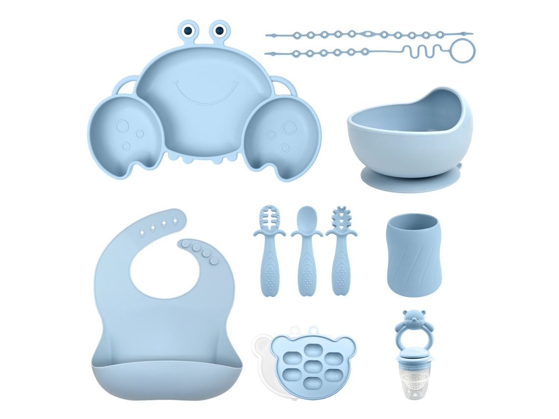 Conjunto de Talheres Bebé CHRUI 6+ Meses Prato Caranguejo + Copo Babador 11 Peças (azul)