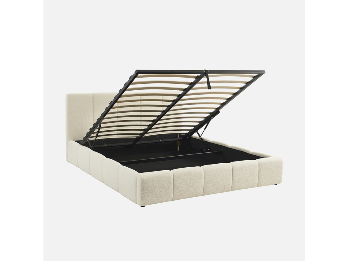 Cama Baú Com Estrado De Ripas E Cabeceira 160cm, Acabado Em Boucle, Branco