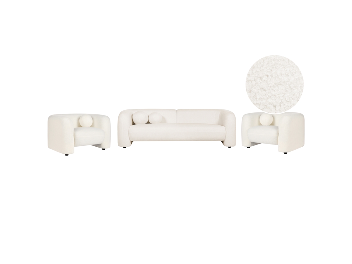 Conjunto De Salón De 5 Plazas Beliani Leiren De Bouclé Blanco 224x83x73