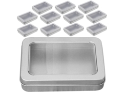 Conjunto Pequeno Com 12 Caixas Retangulares De Metal Com Tampas Transparentes.