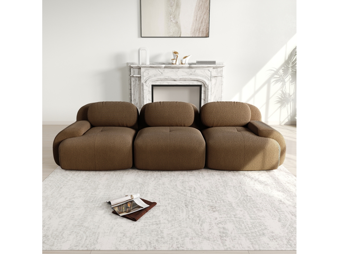 Sofá 3 Lugares Veludo Premium, Modular, Antiderrapante, Montagem Zero, Braços Ergonômicos, Enchimento Alta Resiliência, Marrom