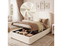 Cama Solteiro 90x200 Ripas Bouclé Bege com Elevação Hidráulica