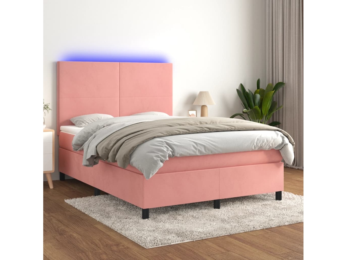 Vidaxl Cama Box Spring C/ Colchão/led 140x200 Cm Veludo Rosa