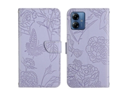 Capa De Celular Flip Em Couro Sintético Com Textura De Borboleta Para Motorola Moto G54 Ht03