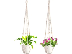 2 Stuks Boho Geweven Macramé Plantenhangers Met Houten Kralen - 80 Cm