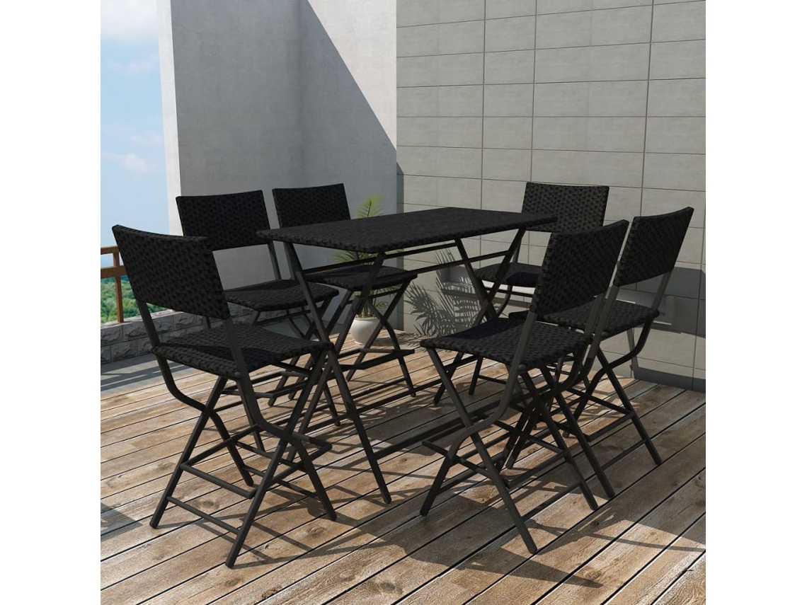 7 Pcs Conjunto De Jantar Dobrável Jardim Aço E Vime Pe Preto Dkd Home Decor