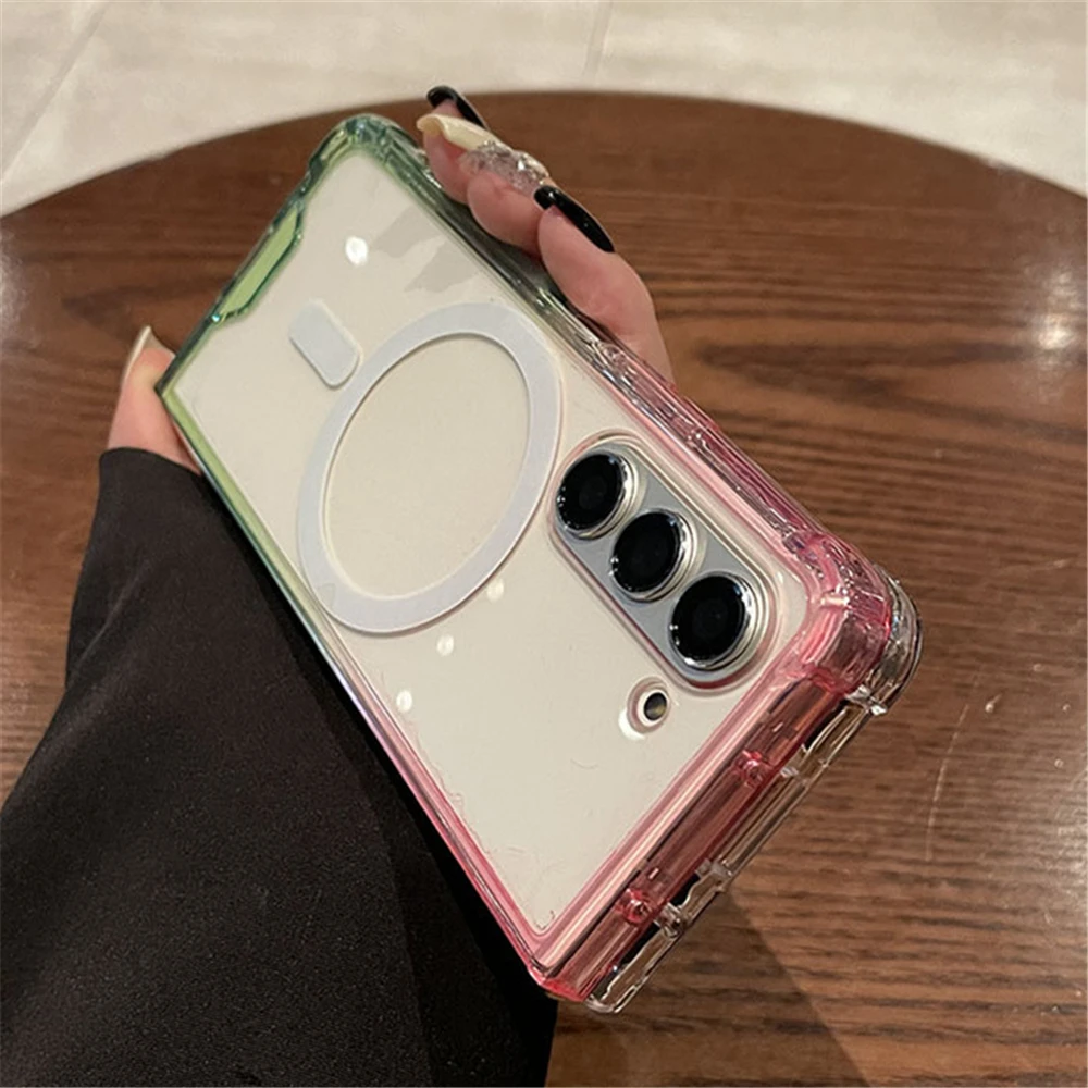 (rosa-verde, Galaxy Z Fold5) Capa Transparente Com Degradê E Resistente A Riscos, Compatível Com Carregamento Sem Fio Magnético