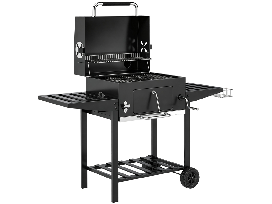 Barbecue A Carvão Com Bandeja Ajustável, Prateleiras Dobráveis, Rodas, Termómetro, Tampa, Chaminé, Ventilação E Cesto