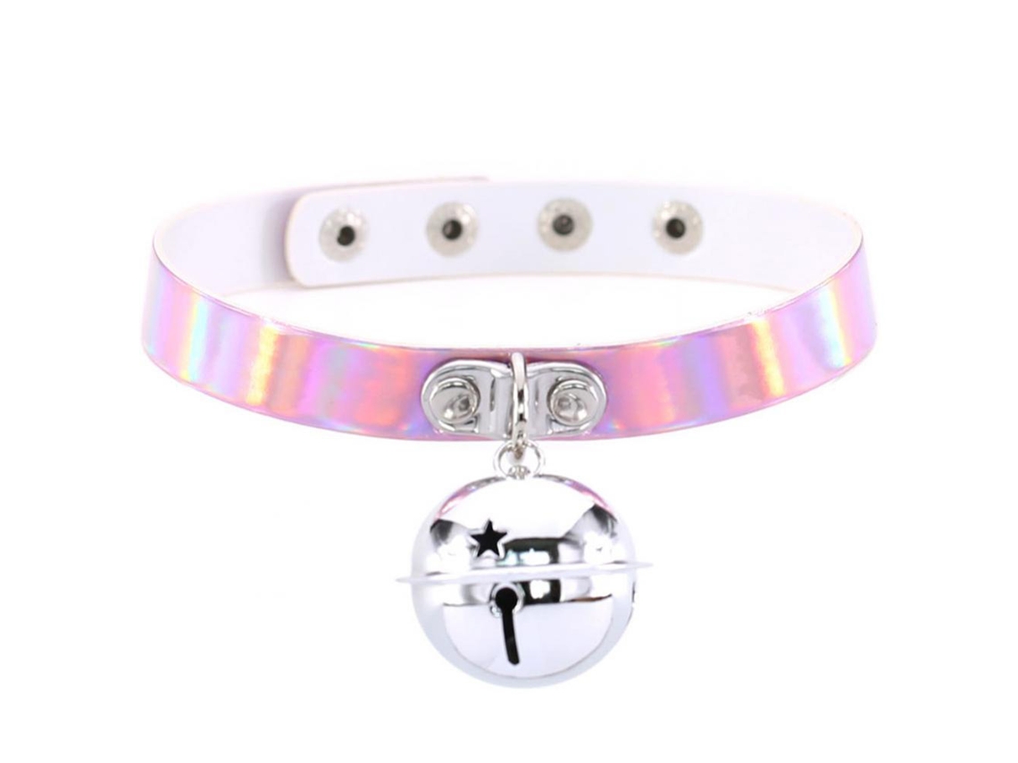 Colar De Couro Pu Holográfico Pingente Sino Estilo Punk Vintage Rosa