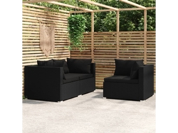 Vidaxl 3 Pcs Conjunto Lounge De Jardim C/ Almofadões Vime Pe Preto
