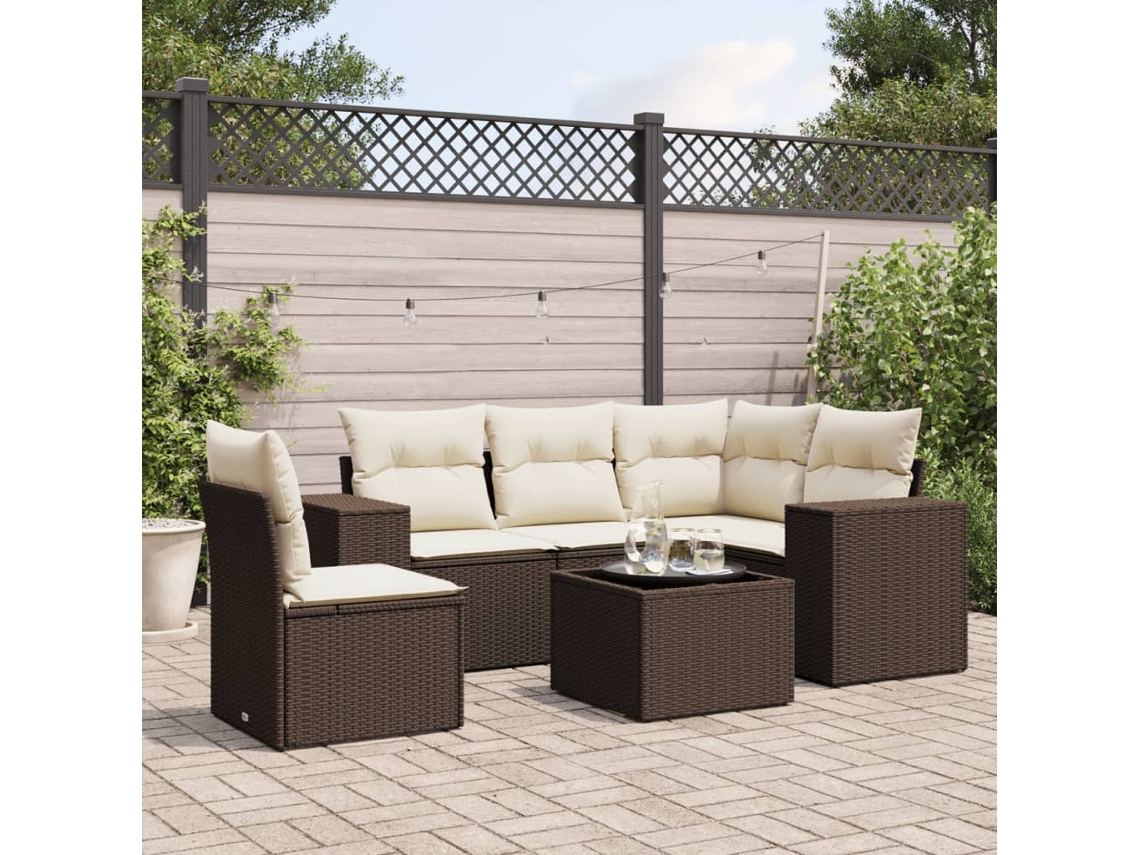 Vidaxl 6 Pcs Conjunto De Sofás Jardim C/ Almofadões Vime Pe Castanho