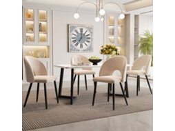 Conjunto Jantar 117x68cm 4 Cadeiras Veludo Bege Diamante Pés Ajustáveis Mesa Preta