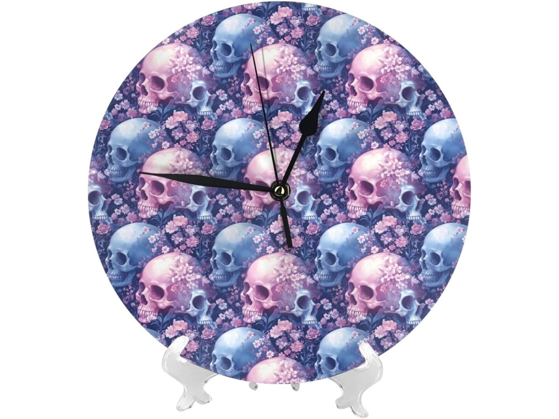 Relógio De Parede De 25cm 10 Polegadas Com Design De Caveira E Flor Rosa, Alimentado Por Bateria Moderno E Silencioso