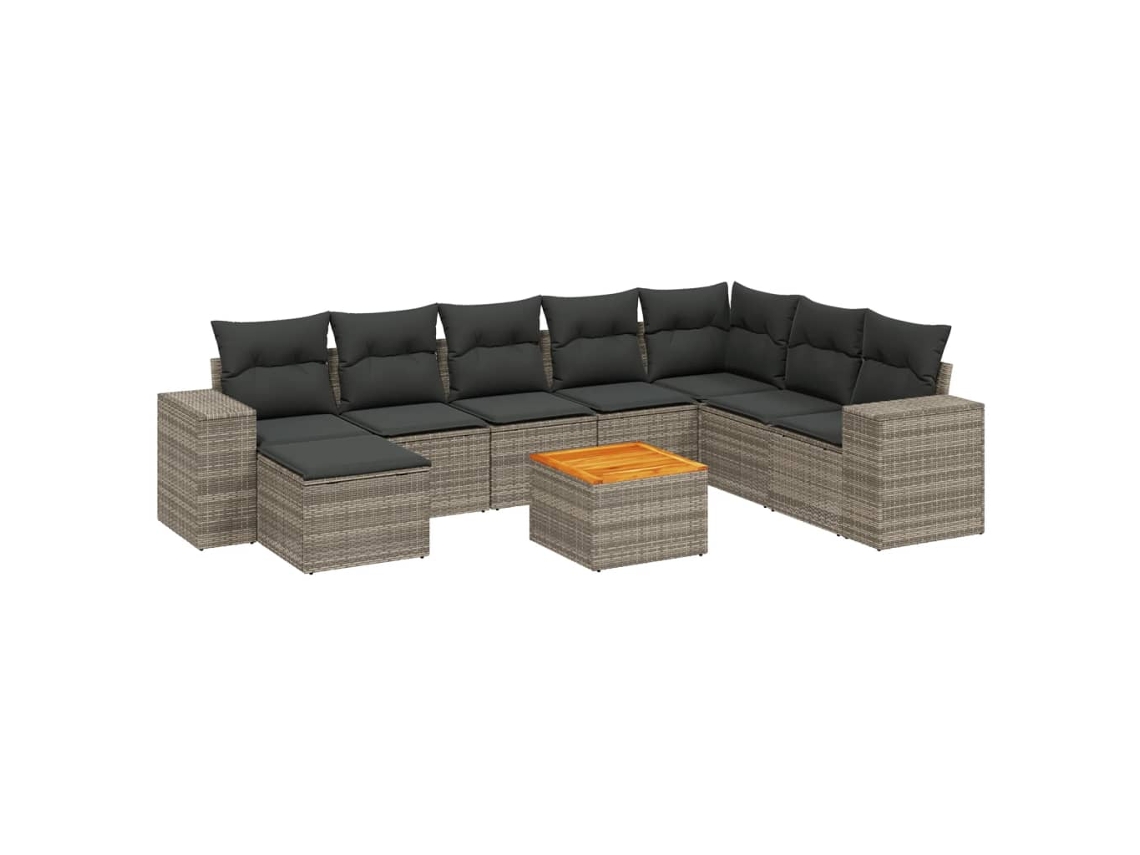 Conjunto 9 sofás p/ jardim com almofadões vime PE cinzento
