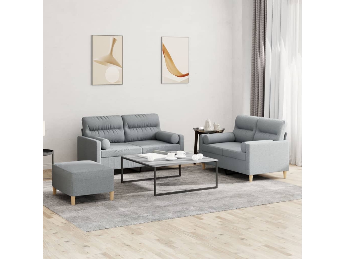 Vidaxl 3 Pcs Conjunto de Sofás com Almofadas Tecido Cinzento claro