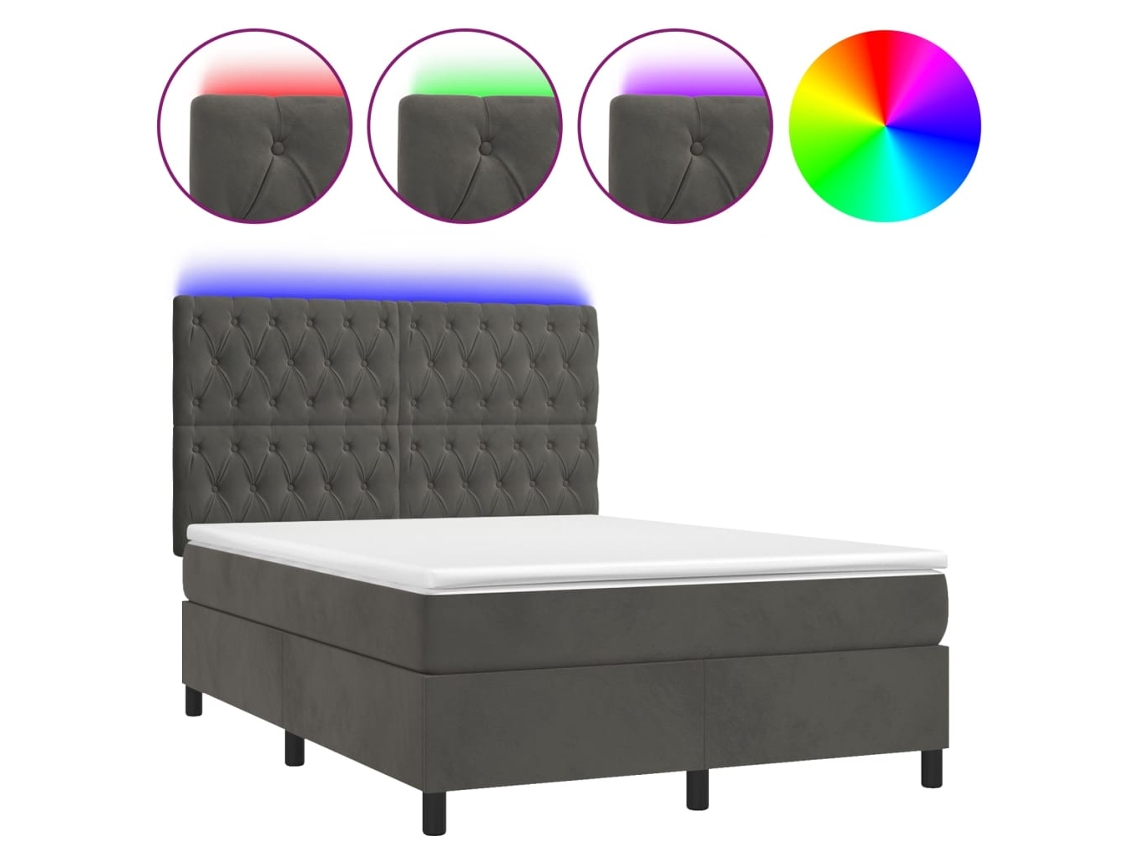 Cama Box Spring com Colchão LED Veludo Cinzento Escuro MAISON EXCLUSIVE (140x190 cm)