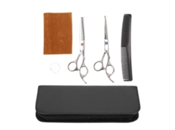 Tesoura de corte e desbaste profissional de 15 cm (6 polegadas) em aço inoxidável, modelo 2026, com strass azul e roxo.