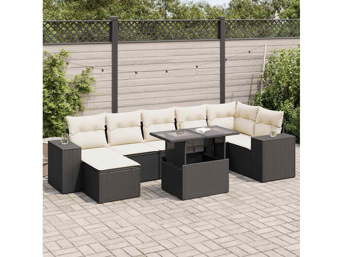 Vidaxl 8 Pcs Conjunto Sofás De Jardim Com Almofadões Vime Pe Preto