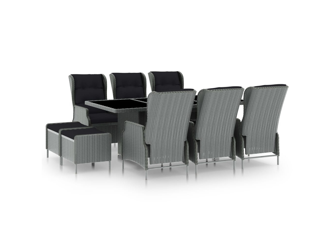 Vidaxl 9 Pcs Conj. Jantar Exterior + Almofadões Vime Pe Cinzento-claro