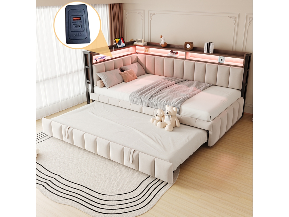 Sofá-cama Bege 90x200cm Veludo, Retrátil, Led, Usb-c. Cs