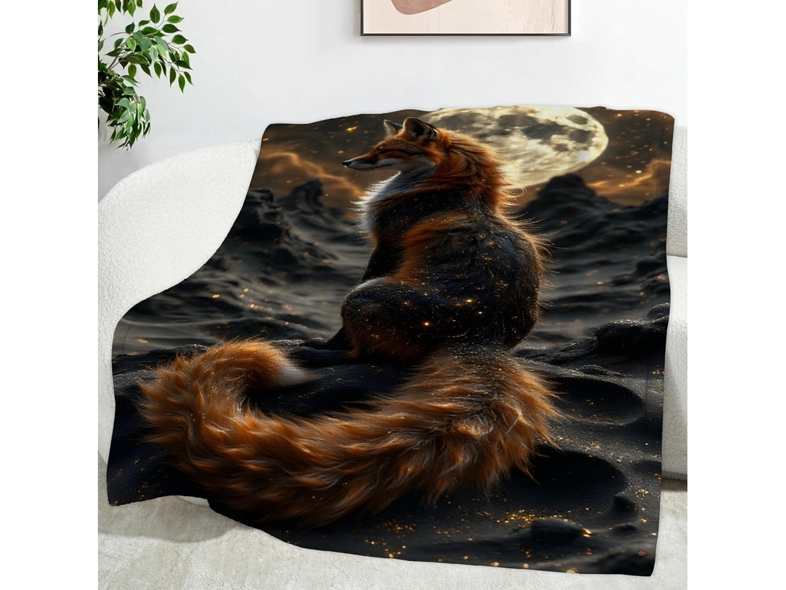 Manta com Estampa de Raposa e Lua 130x150 Cm Multifuncional Macia Aconchegante em Flanela Ideal para Cama Escr