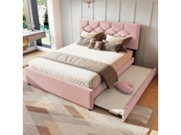 Cama De Casal Estofada De 140x200cm Com Ripas E Recipiente Com Rolos Em Rosa