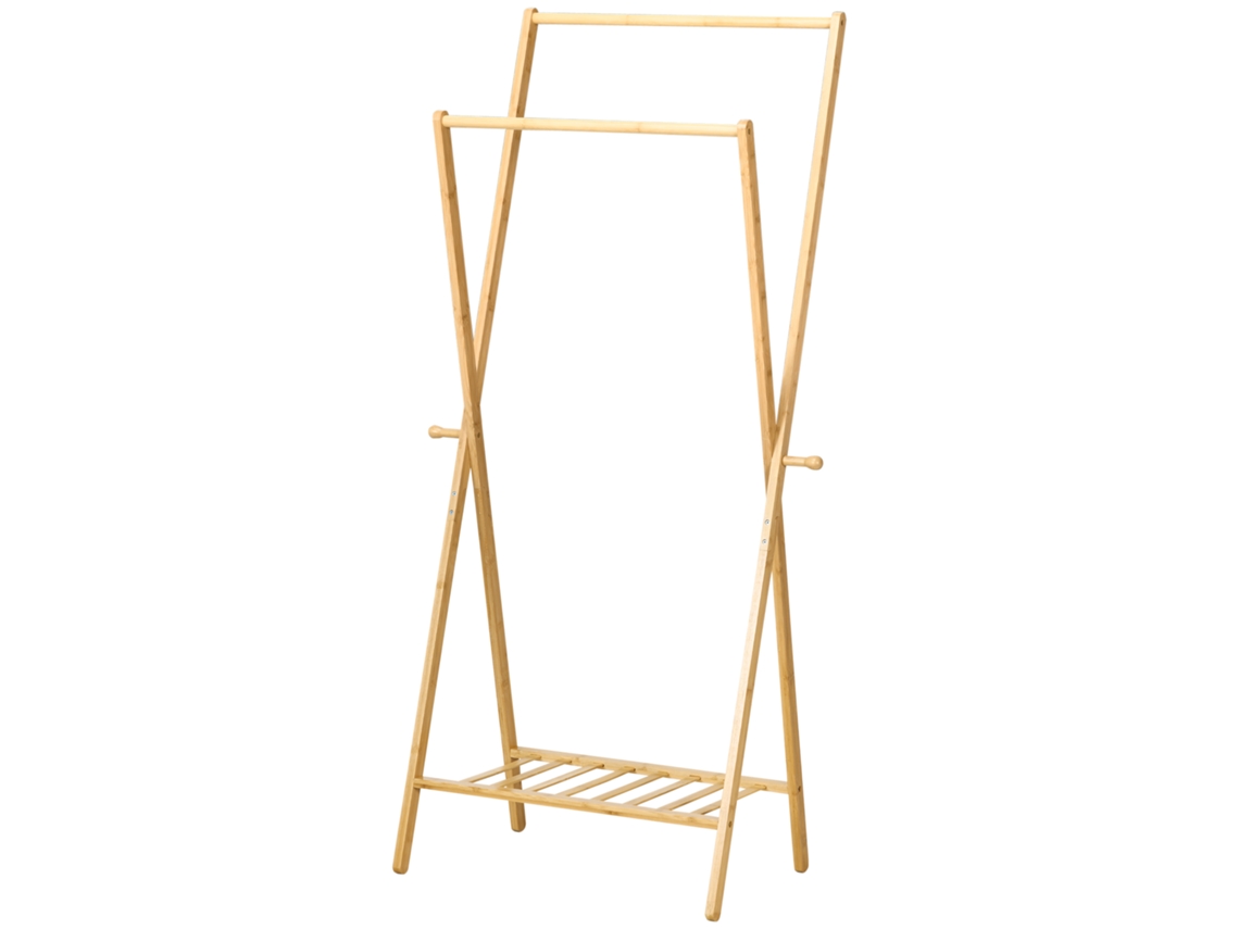 Suporte Para Cabides De Bambu Porta Com Prateleira Para Sapatos 2 Barras E 2 Ganchos Para Corredor Entrada Dormitório 74x42x150 Cm Madeira