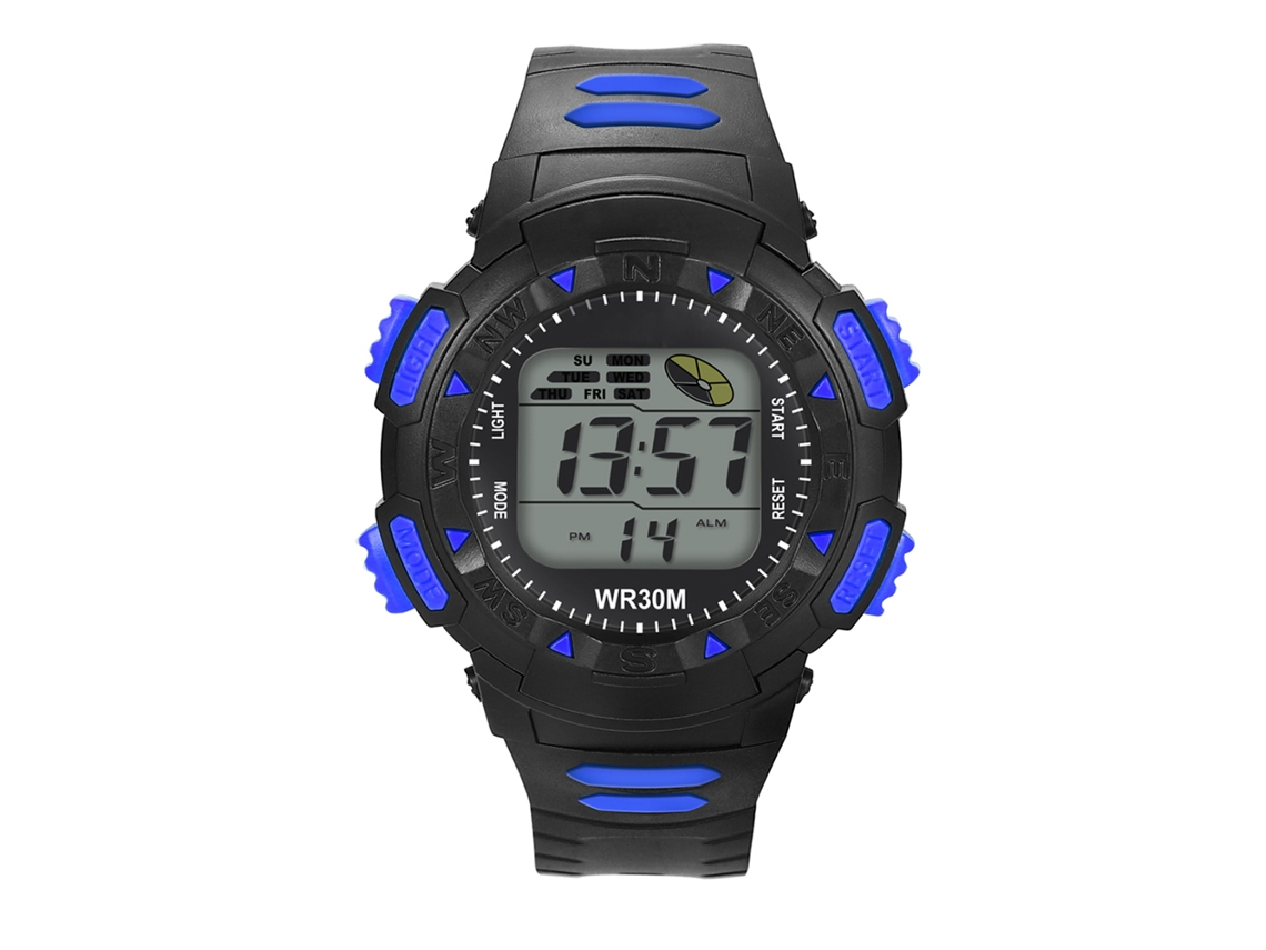 Relógio de pulso eletrônico digital infantil com pulseira de PVC azul para crianças.
