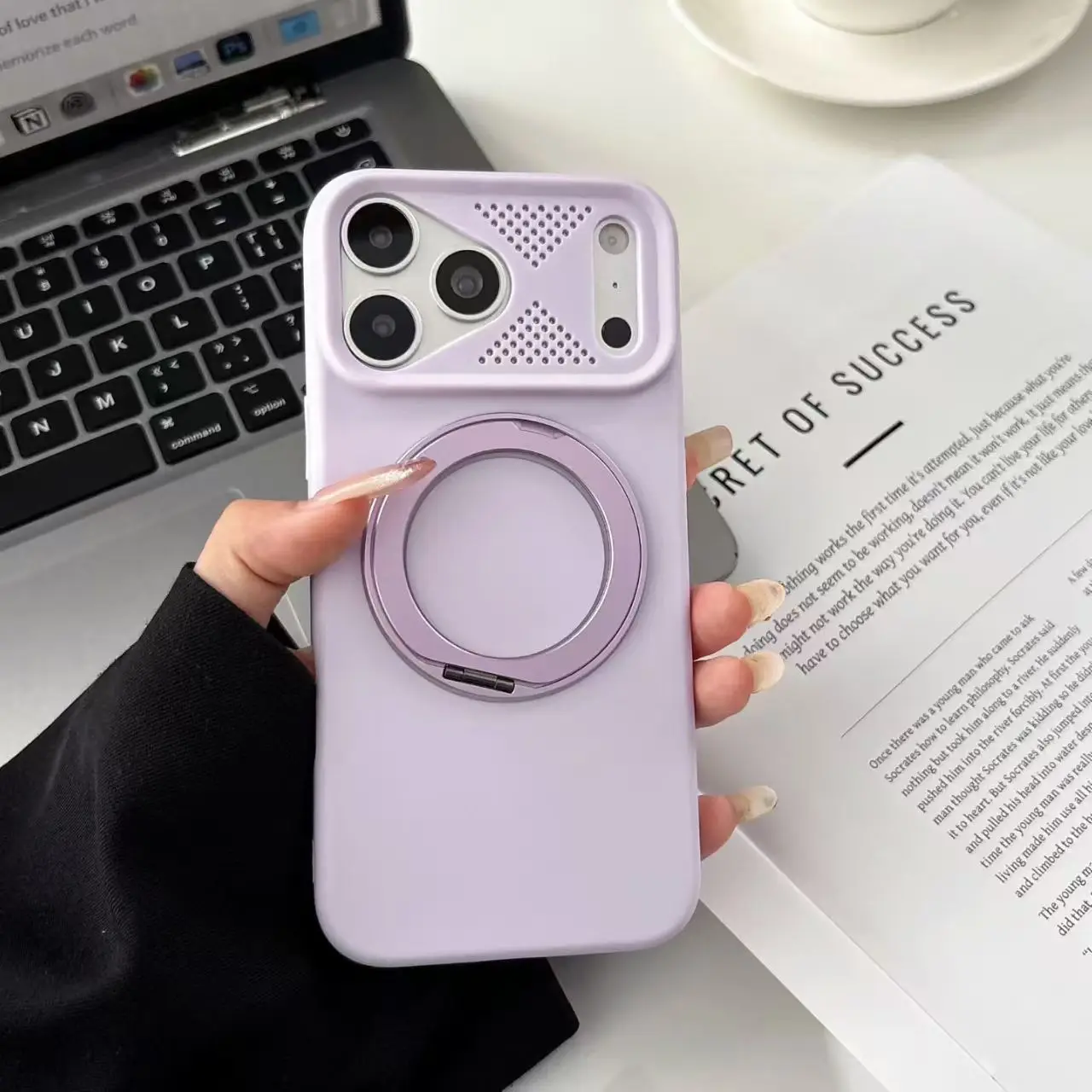 Capa Transparente Magnética Com Suporte De Anel Metálico Para Iphone 14 (roxo Claro), Textura Fosca.