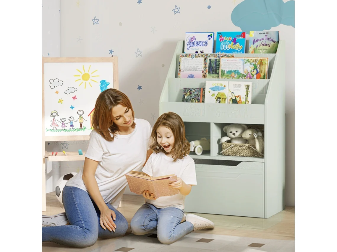 Estante Infantil Com Gaveta, Prateleira De Livros Compartimentos, 60 X 29,9 X 90 Cm, Verde