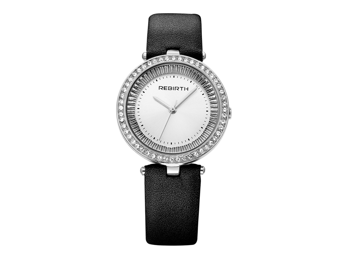 Relógio Casual Feminino Analógico com Strass e Pulseira Pu Quartzo Preto e Branco