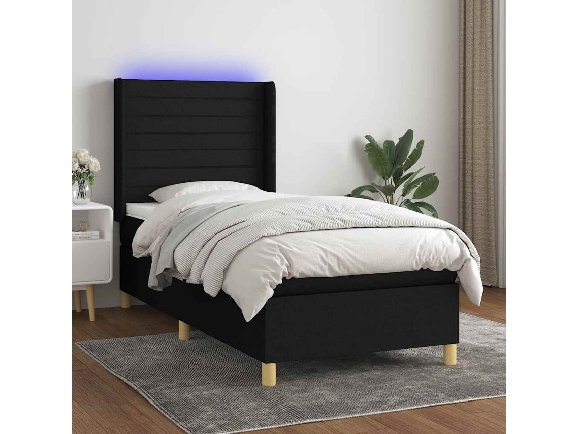 Vidaxl Cama Box Spring C/ Colchão E Led 90x190 Cm Tecido Preto