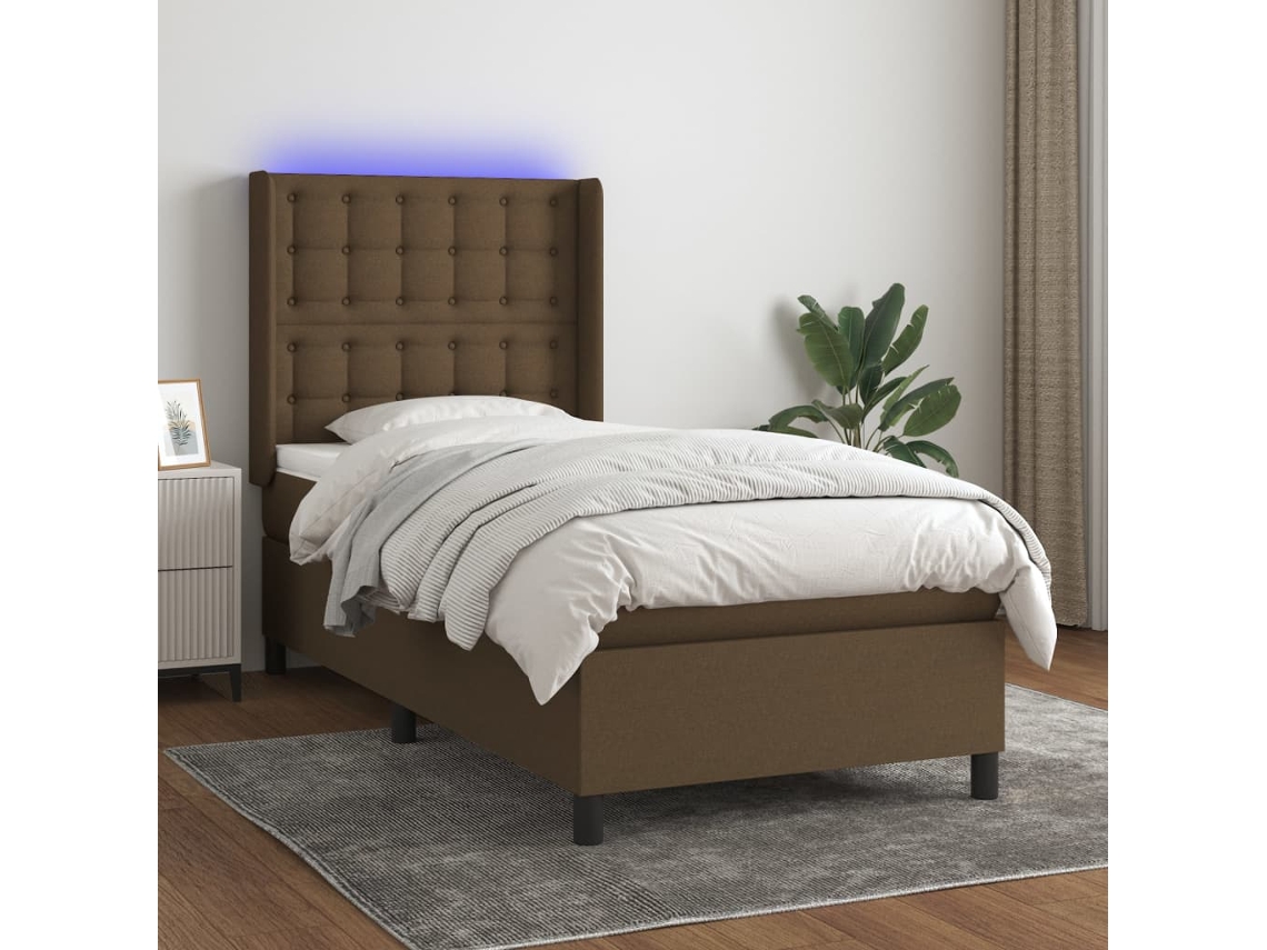 Cama Box Spring C/ Colchão/led 100x200cm Tecido Castanho-escuro
